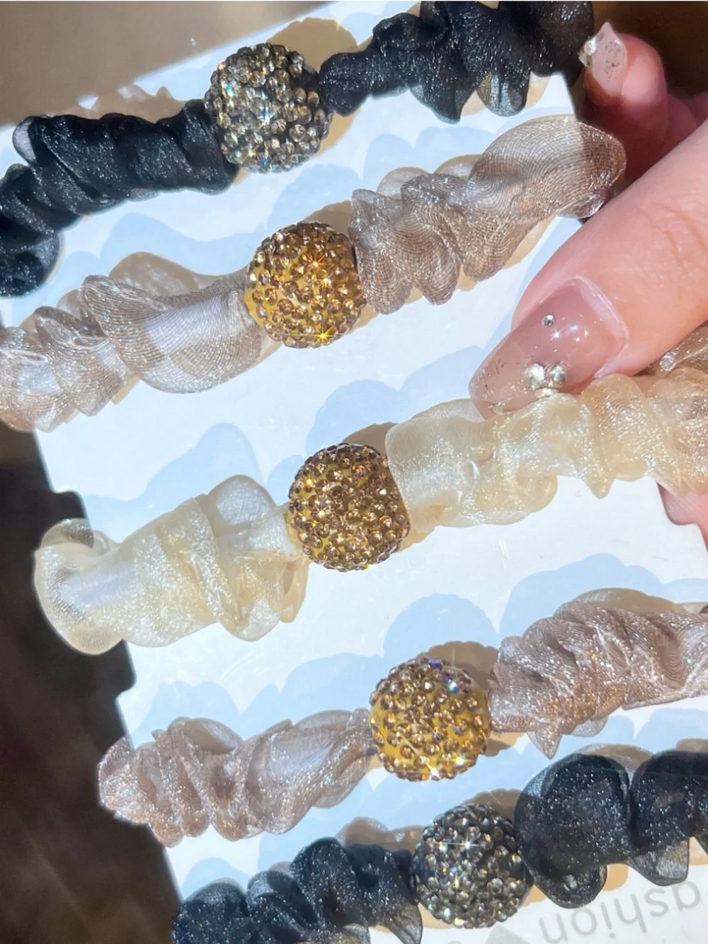 5 Sparkle Beaded Organza Hair Scrunchies